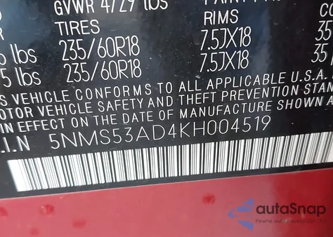 2019 Hyundai Santa Fe Ultimate из США, поврежденный, VIN 5NMS53AD4KH004519